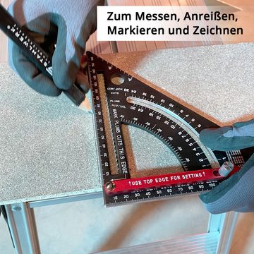 STAHLWERK Winkelmesser Winkeldreieck mit Anschlag, metrischer Aluminium-Winkelmesser, Anschlagwinkeldreieck