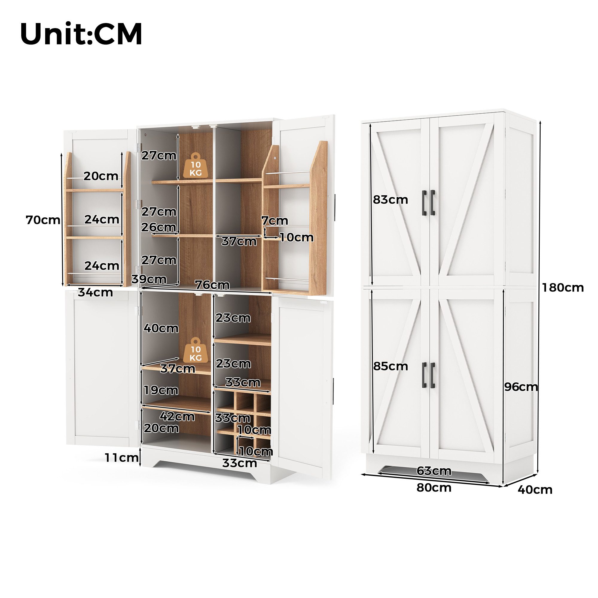 Celya Küchenbuffet Küchenschrank, hoher Stauraumschrank mit 4 Scheunentor-Türen (80 × 40× 180 cm Aufbewahrungsschrank mit Weinregal und Türregal)