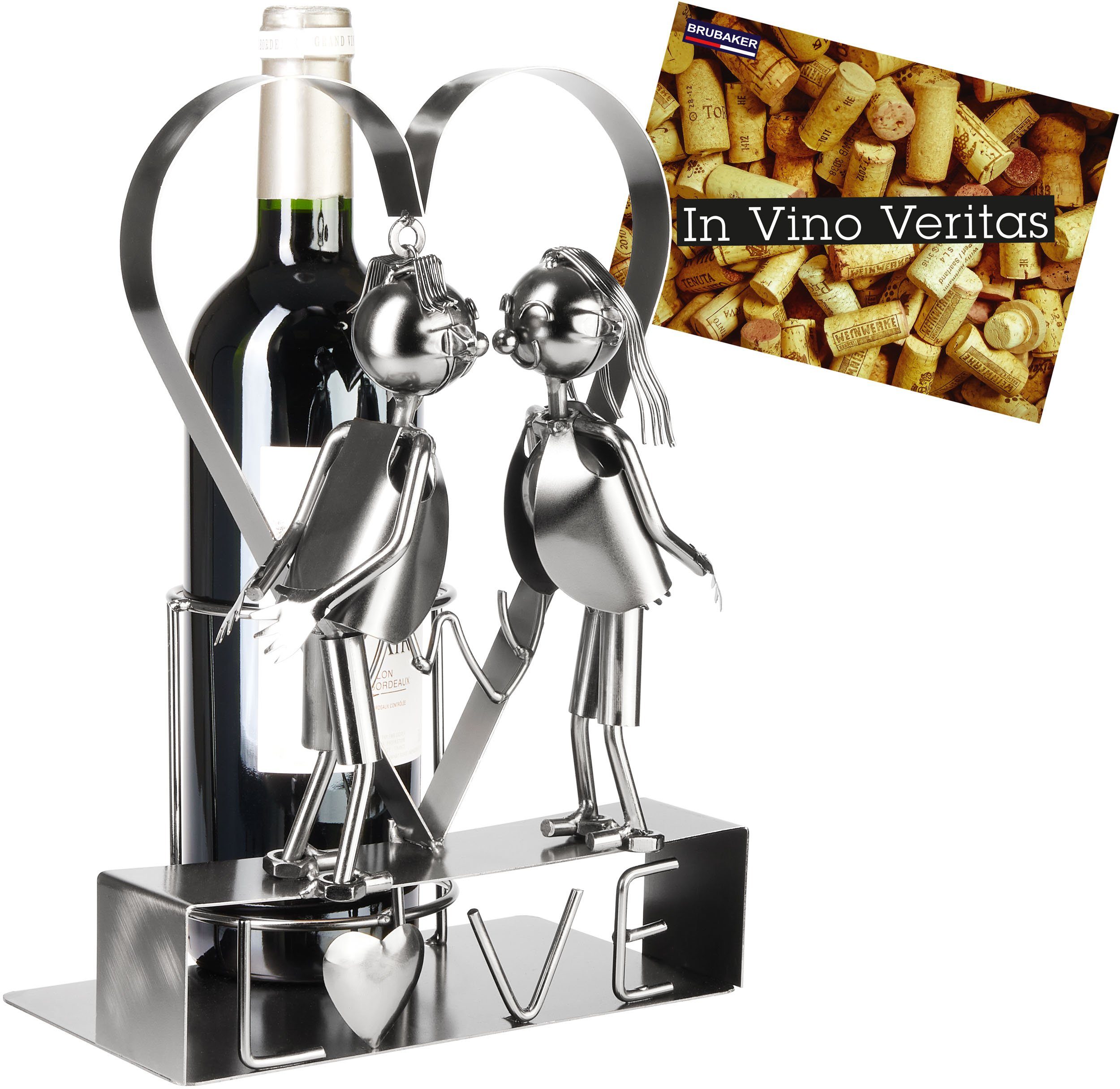 BRUBAKER Weinflaschenhalter LOVE Liebespaar im großen Herz - Metall Flaschenhalter, (Flaschenständer mit Grußkarte, 1-St., zum Valentinstag, Hochzeit oder Geburtstag), 29 cm Wein Geschenk für Paare