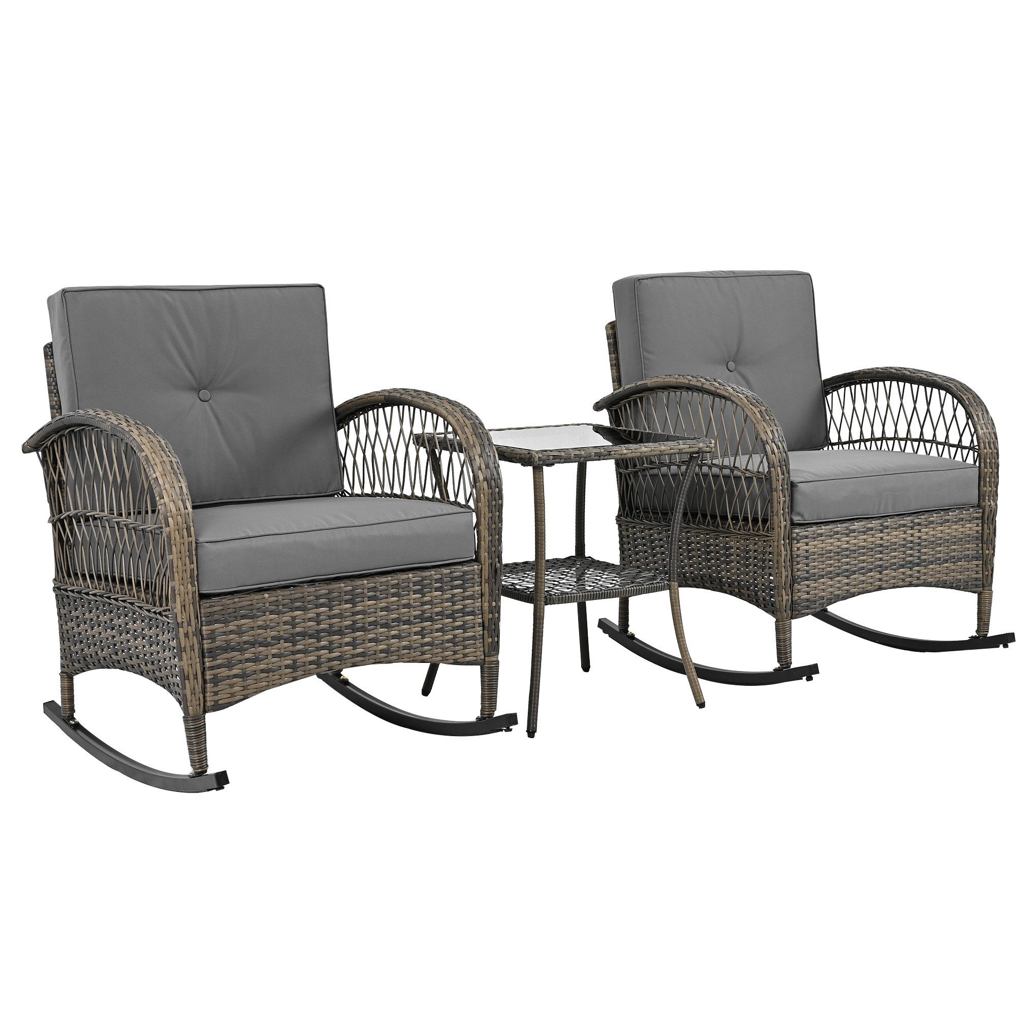 MODFU Balkonset Schaukelstuhl-Set, Rattan, (Gartenlounge-Set, Gartenset, 3-tlg., 2 Schaukelstuhl + 1 Tisch), mit grauen Kissen, Akazienplatte