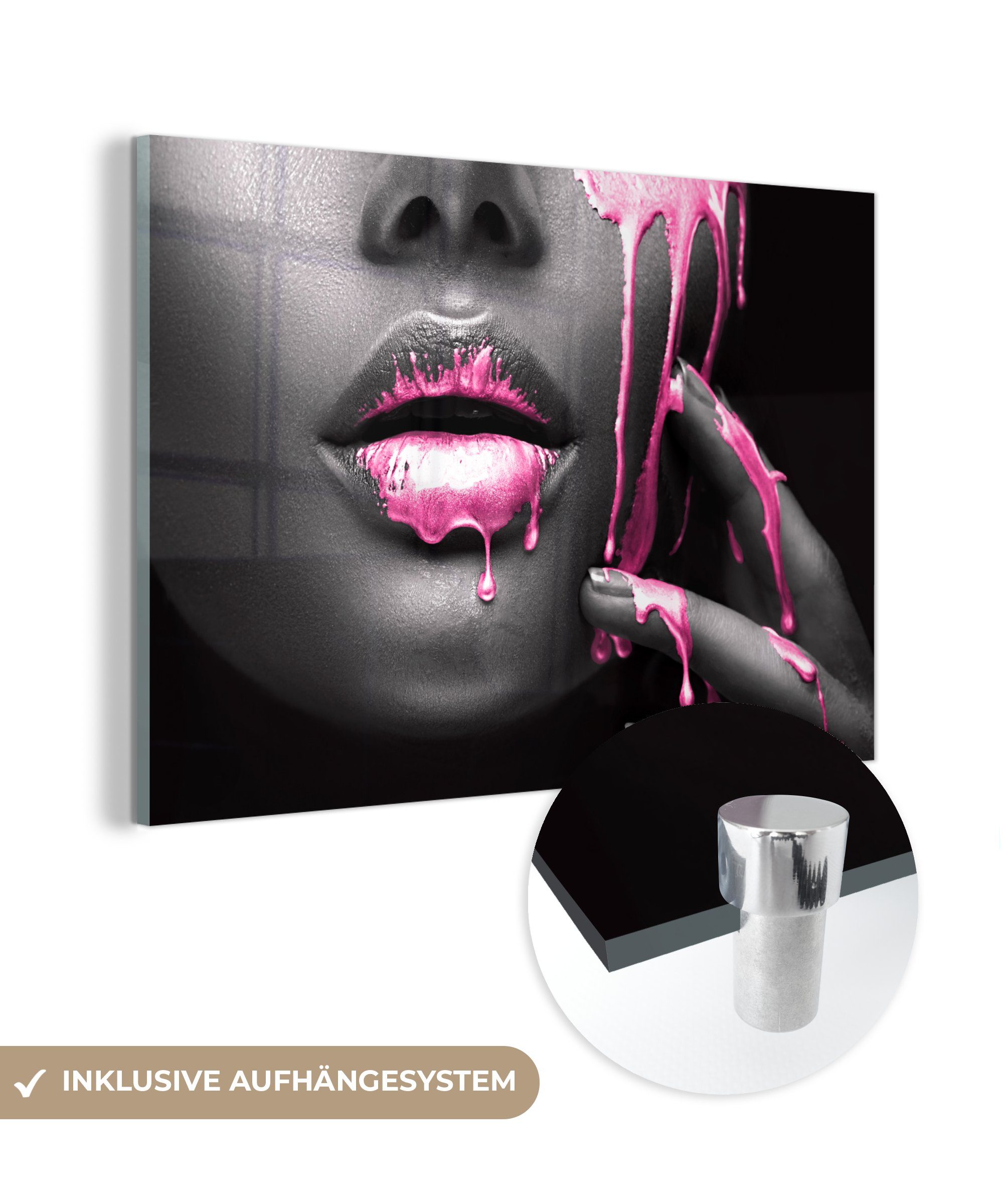 MuchoWow Acrylglasbild Lippen - Rosa - Schwarz, (1 St), Glasbilder - Bilder auf Glas Wandbild - Foto auf Glas - Wanddekoration