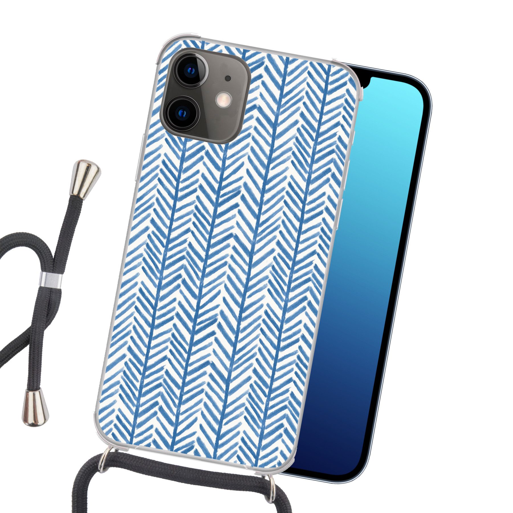 MuchoWow Handyhülle für Apple iPhone 12 Muster - Gestreift - Blau, Tragbare Handyhüllen mit Kette zum umhängen, Handykette Handyband