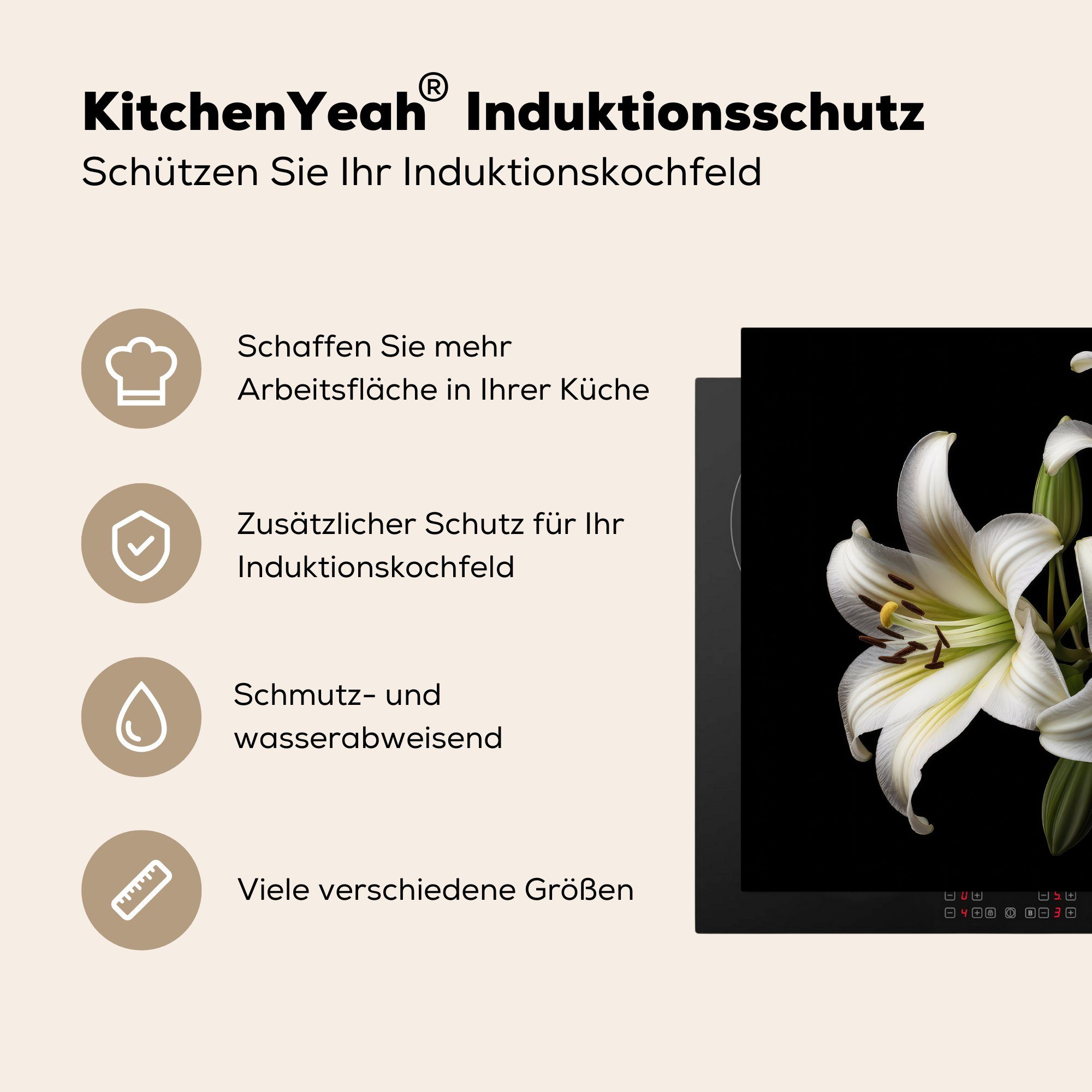 MuchoWow Herdblende-/Abdeckplatte nutzbar, Lilie (1 tlg), - Weiß Natur - Botanisch, - Mobile Blumen Ceranfeldabdeckung Arbeitsfläche 60x52 - Vinyl, cm