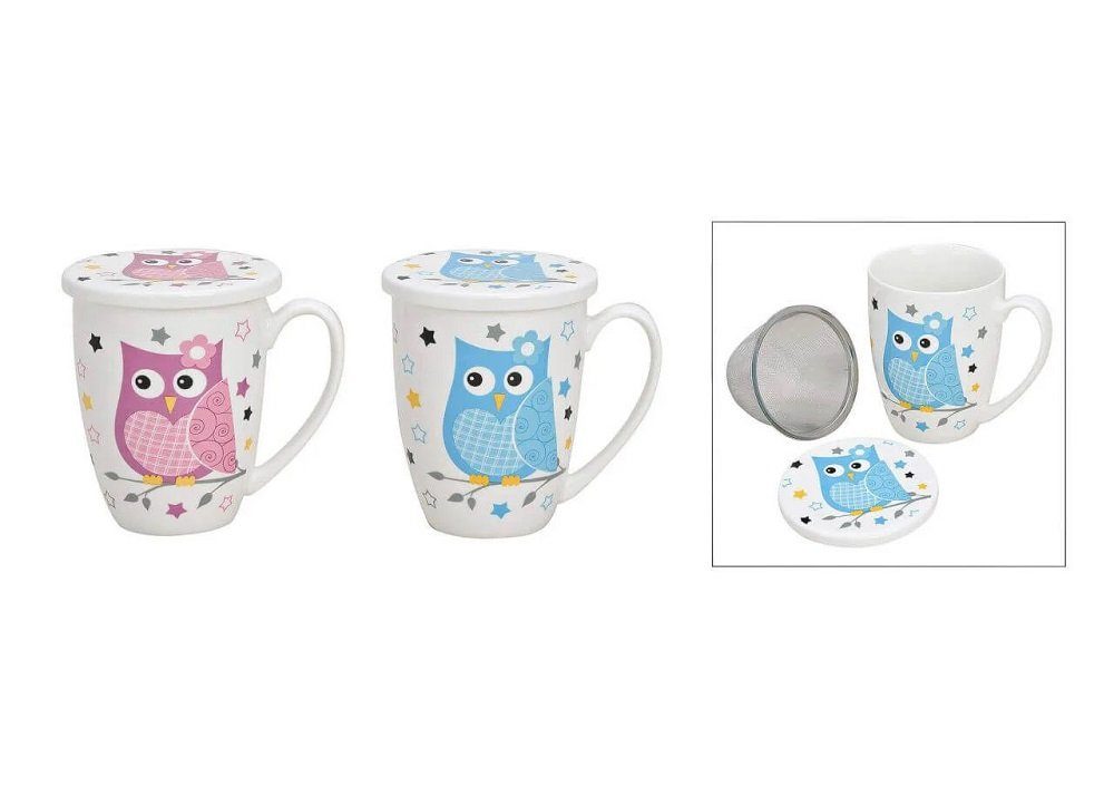 Wurm Tasse Teetasse Teebecher Set Sieb und Deckel Porzellan Eule blau rosa 6 tlg