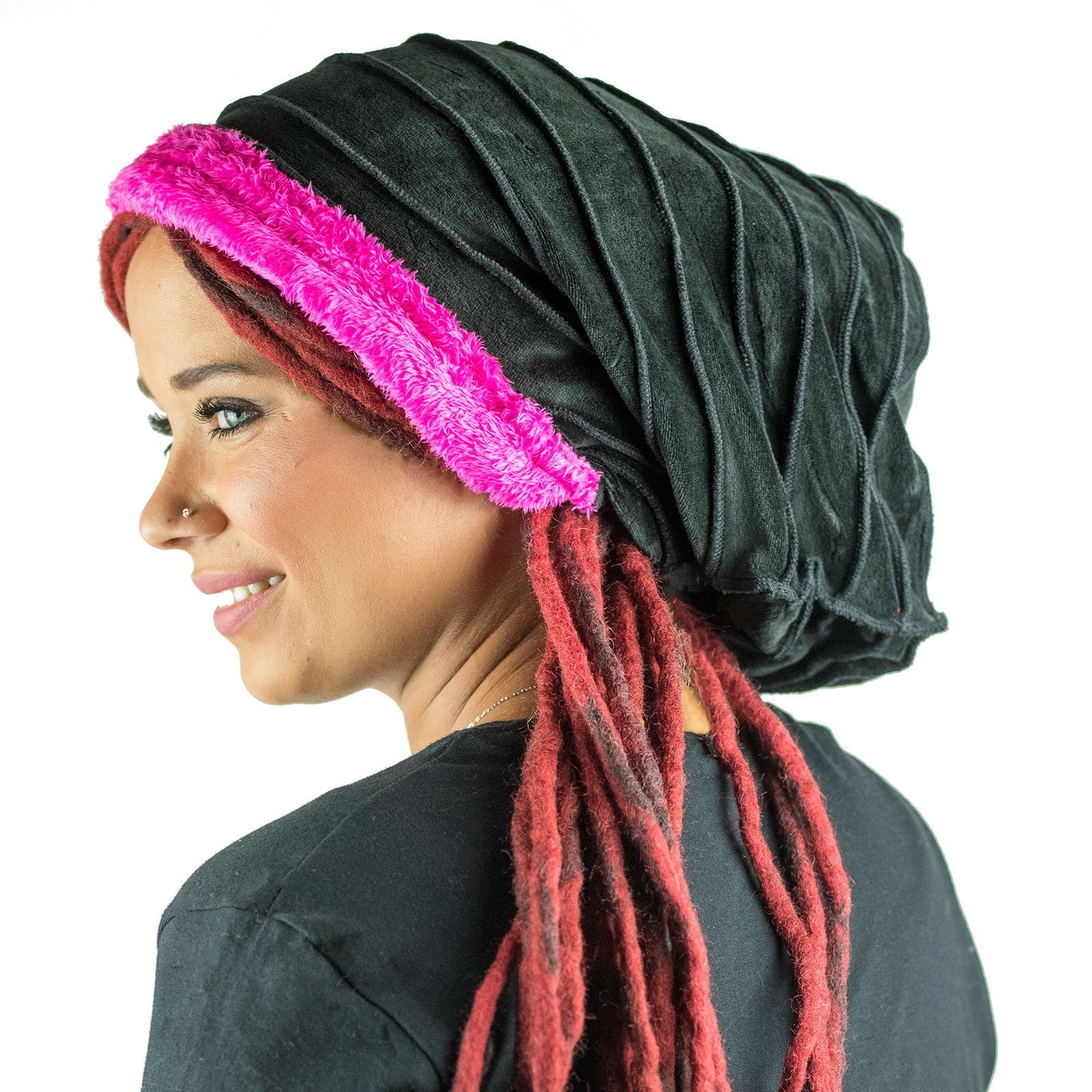 KUNST UND MAGIE Wendemütze Mütze Hut aus Samt und Plüsch Boho Dreadtube 2in1