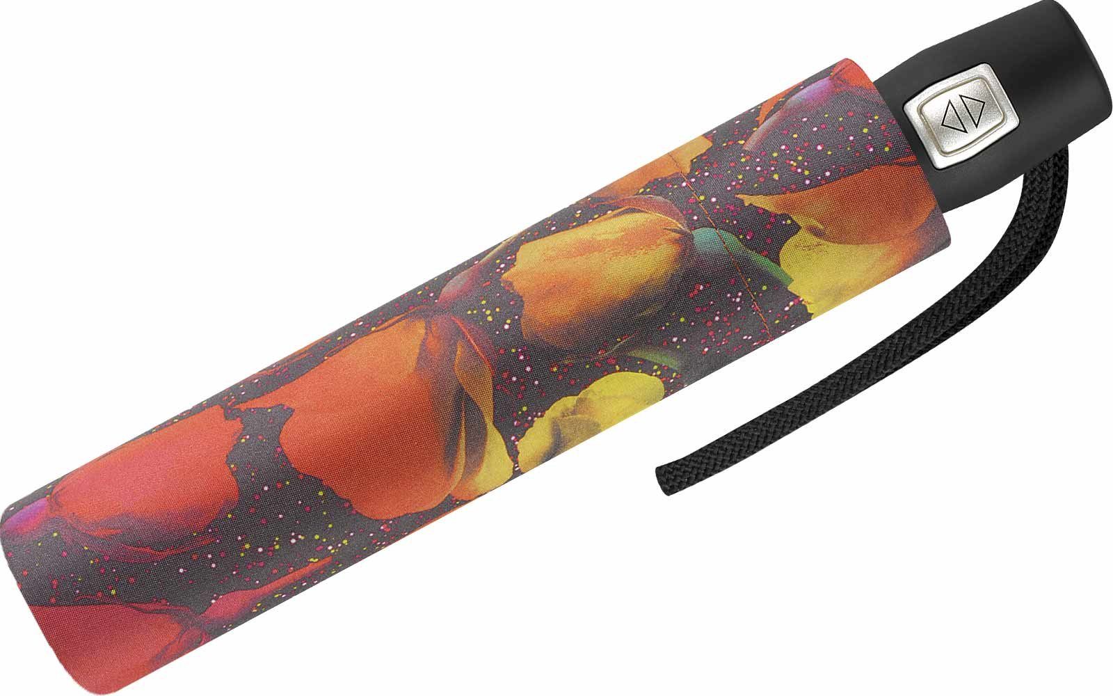 Pierre Cardin Taschenregenschirm schlanker Damen-Taschenschirm mit Auf-Zu-Automatik, mit stilvollem orangefarbenen Blumen-Muster
