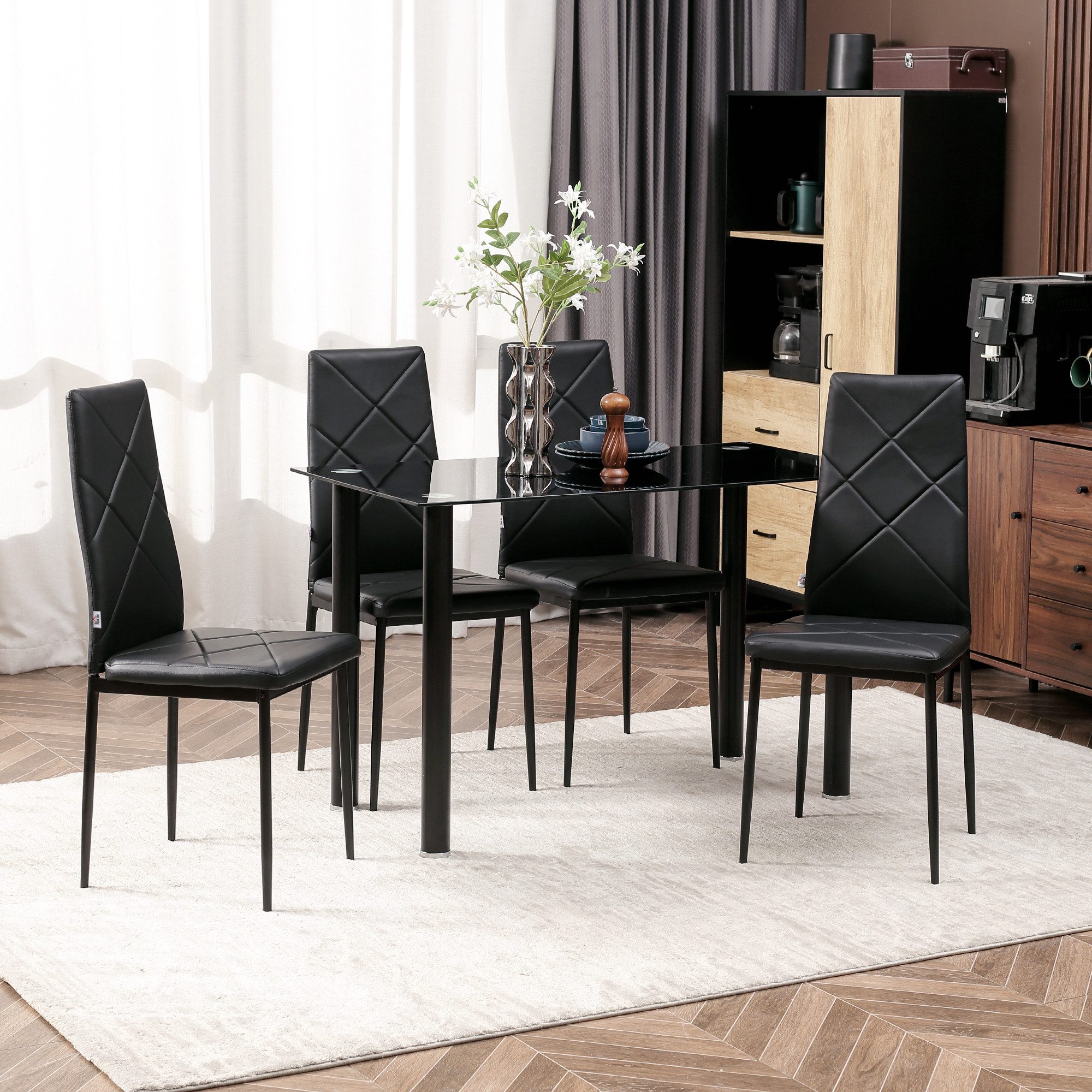 HOMCOM Esszimmerstuhl Küchenstuhl mit Rückenlehne, Polsterstuhl mit Fußpolster (Küchenstühle, 4 St), für Esszimmer, Küche, Schwarz