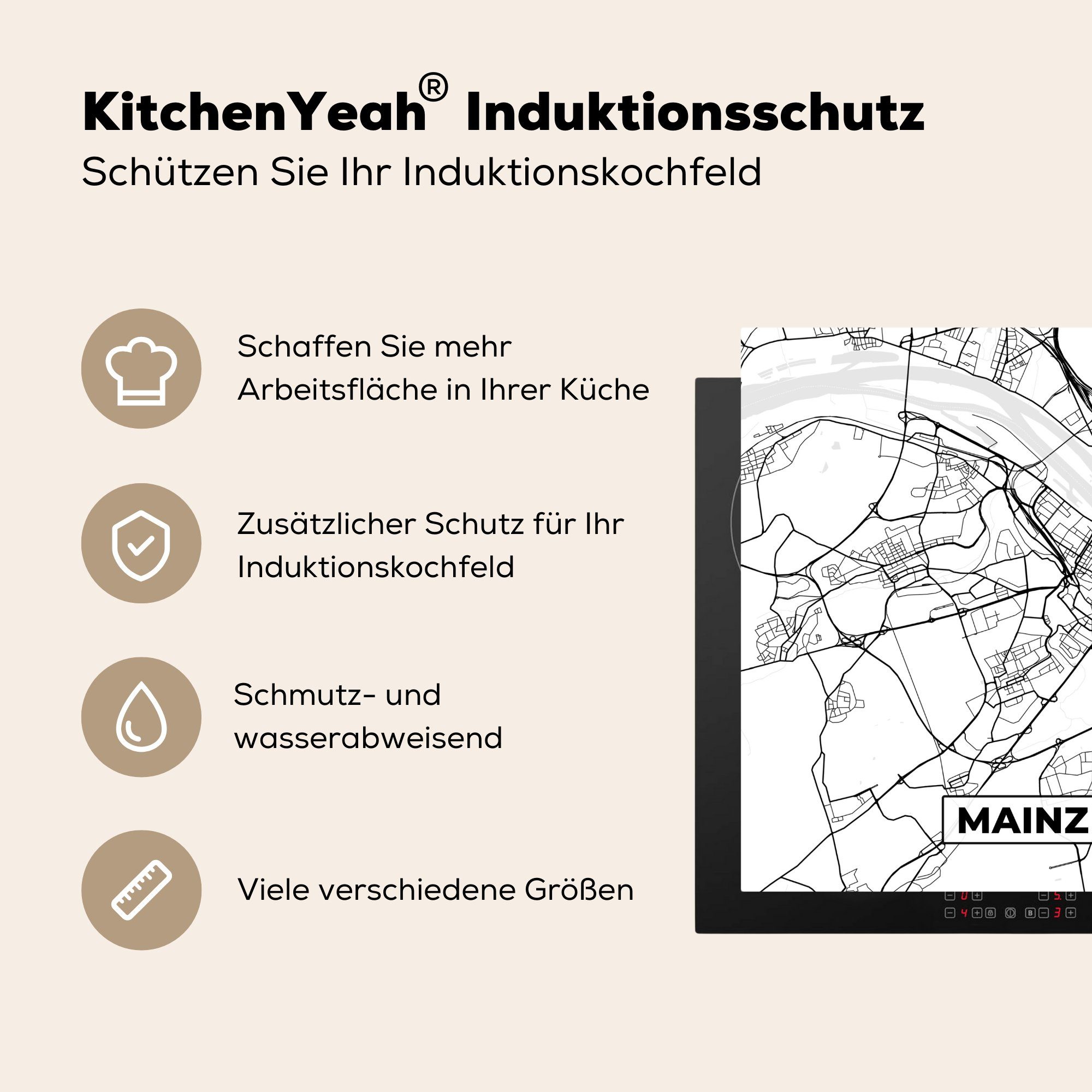MuchoWow Herdblende-/Abdeckplatte Mainz - tlg), für Ceranfeldabdeckung, küche (1 Arbeitsplatte 78x78 Vinyl, Stadtplan, cm, Karte 