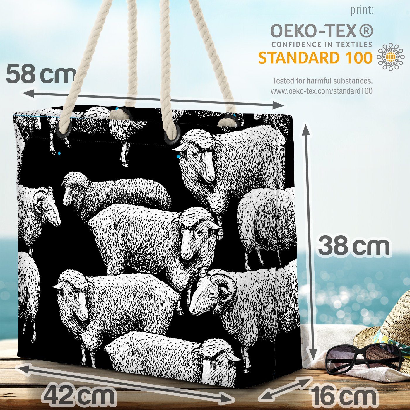 VOID Strandtasche (1-tlg), Bag Schafe Bauern-Hof Tierherde Beach Schaf-Herde Wolle Schäfer Tier-Herde
