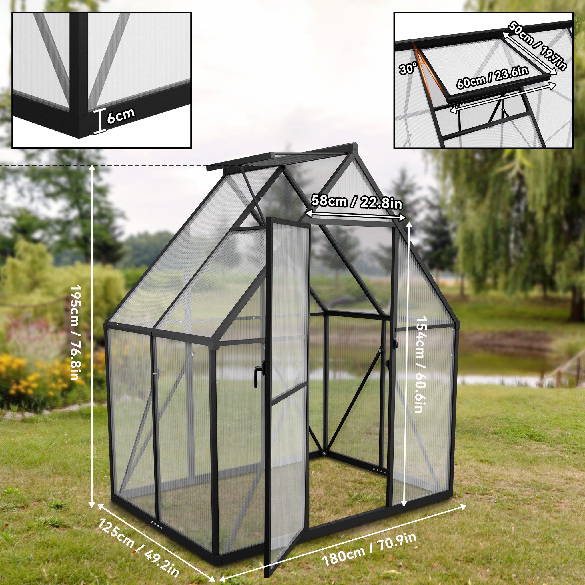 FIVMEN Gewächshaus Premium Gartengewächshäuser Aluminium mit 6 cm Fundament, 4 mm PC Platte Treibhaus Tomatenhaus Gartenhaus UV beständig