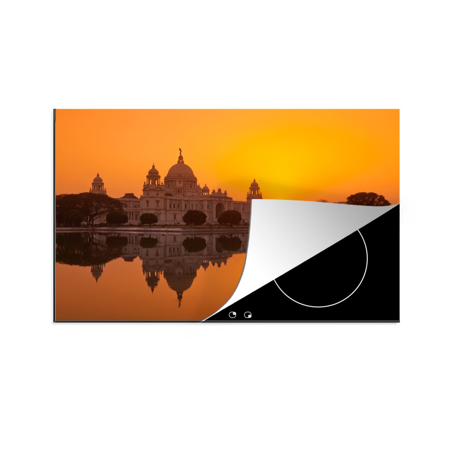 MuchoWow Herdblende-/Abdeckplatte Oranger Sonnenuntergang in der indischen Stadt Kalkutta, Vinyl, (1 tlg), 81x52 cm, Induktionskochfeld Schutz für die küche, Ceranfeldabdeckung