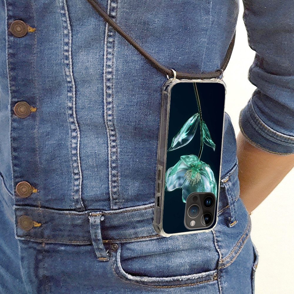 MuchoWow Handyhülle für Apple iPhone 14 Pro Max Blätter - Blume - Gläser - Dunkelblau, Tragbare Handyhüllen mit Kette zum umhängen, Handykette Handyband