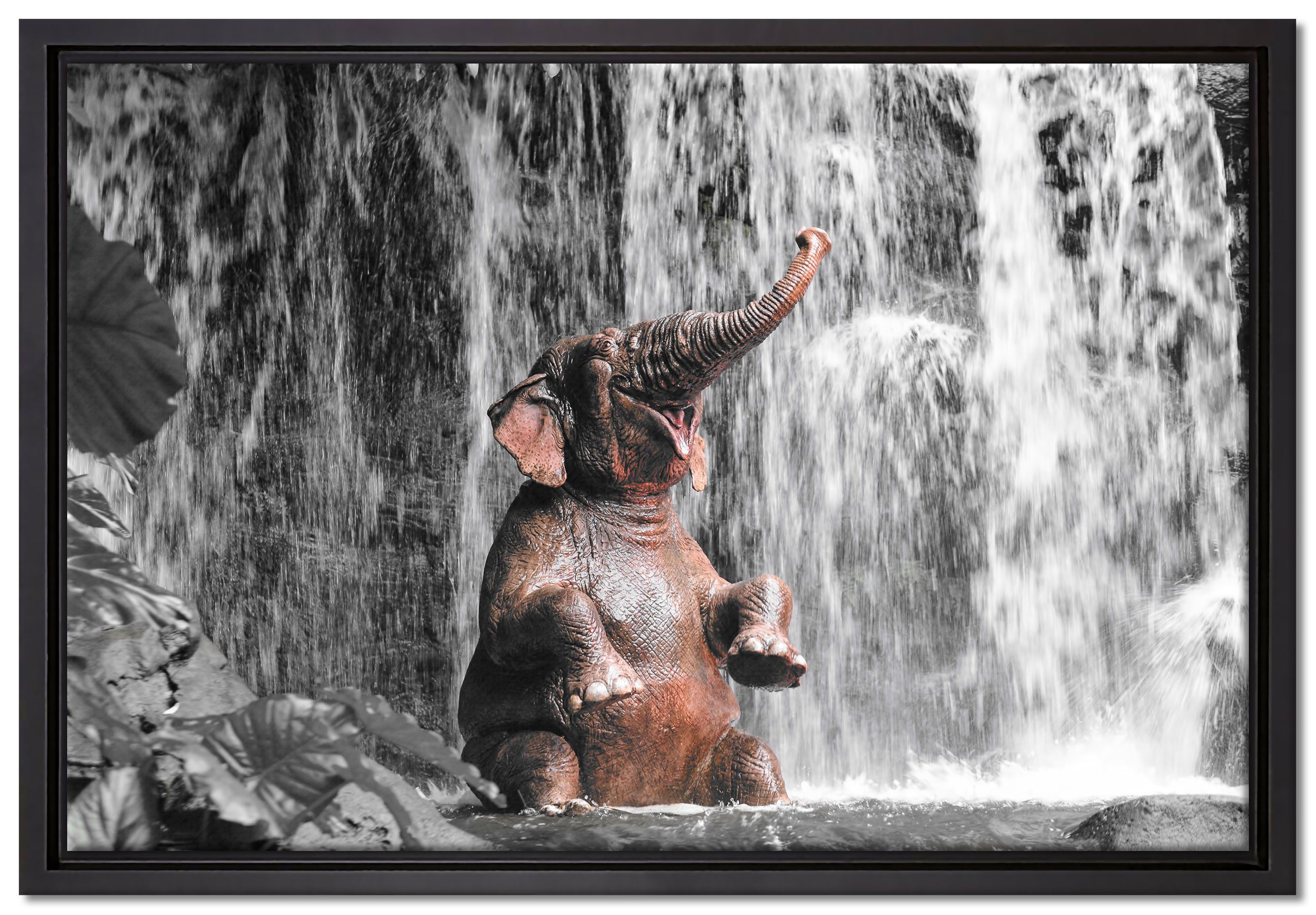 am Wasserfall, Leinwandbild einem (1 gefasst, bespannt, inkl. Zackenaufhänger Babyelefant Leinwandbild Pixxprint Schattenfugen-Bilderrahmen fertig St), in Wanddekoration