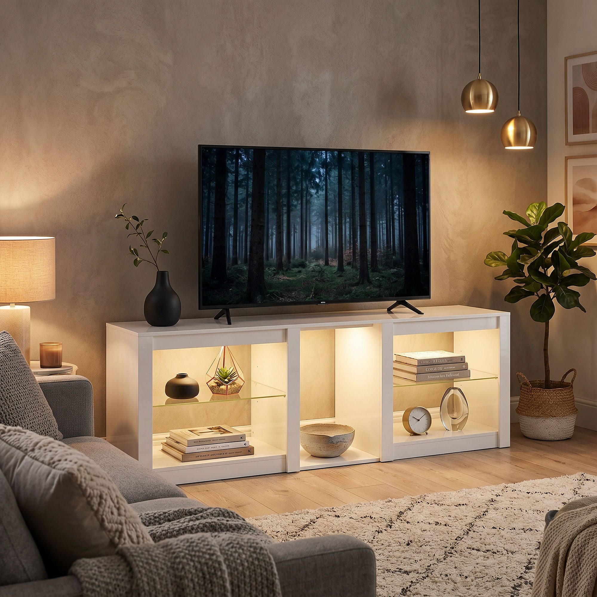 OKWISH TV-Schrank TV-Lowboard mit LED, TV-Möbel modern, Fernsehtisch 75 Zoll (Packung, 1-St., Weiß 160 x 35 x 52 cm, TV Board für Wohnzimmer Einrichtung) RGB-LED Beleuchtung, verstellbare Glasböden, Stauraum TV-Schrank