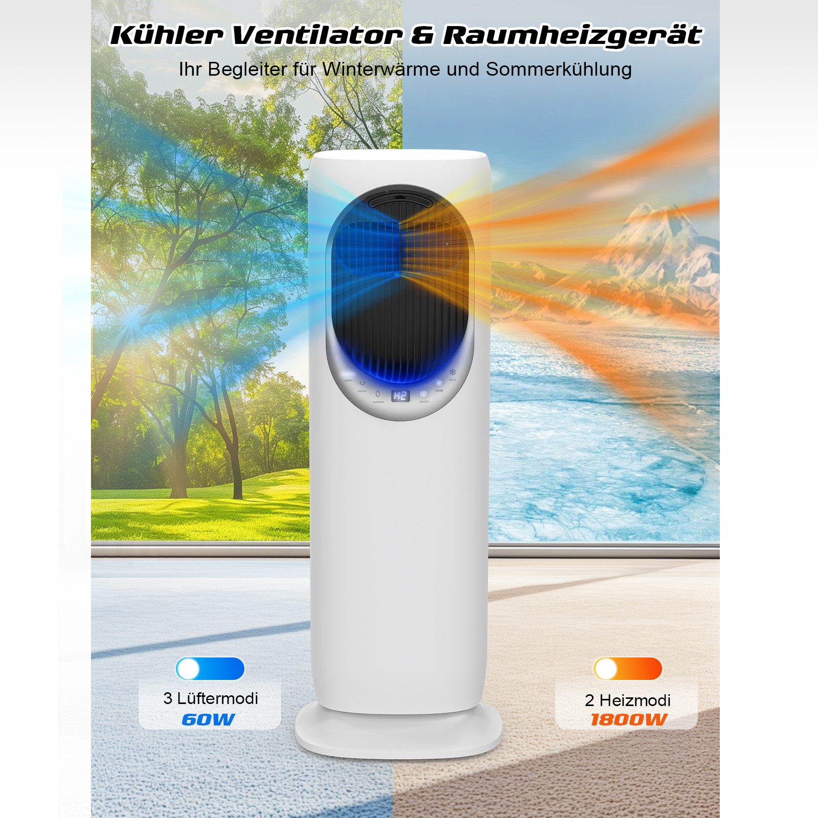 Rebonique Turmventilator Klimaanlage mit Heizlüfter/Luftkühler/Luftbefeuchter, 4L Wassertank, 3 Geschwindigkeiten für Schlafzimmer Büro Wohnzimmer