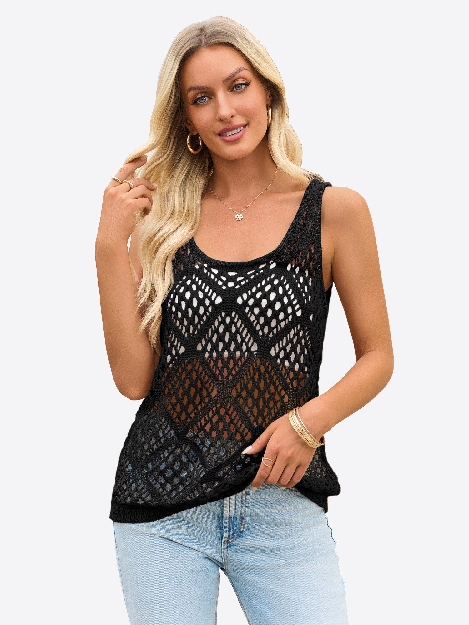 Imily Bela Stricktop Damen gehäkelt Tanktop Rundhals Beach Cover-Up Casual Oberteil (Packung, 1-tlg., 1per-Pack) Lochstrick mit Zopfmuster in Unifarbe