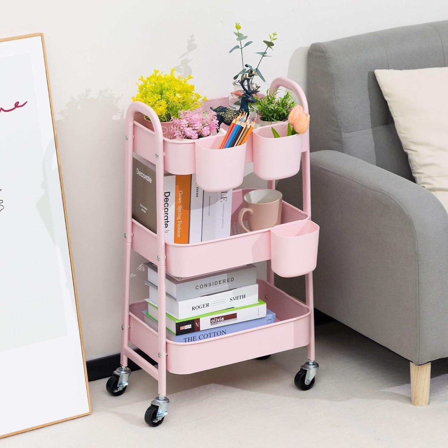 LuxusKollektion Servierwagen Aufbewahrungswagen Metall 3 Etagen Rollwagen mit Rädern Rose 3 Tassen