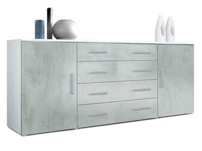 Vladon Sideboard Faro (Kommode, mit 2 Türen und 4 Schubladen), Weiß matt/Beton Oxid Optik (166 x 72 x 35)