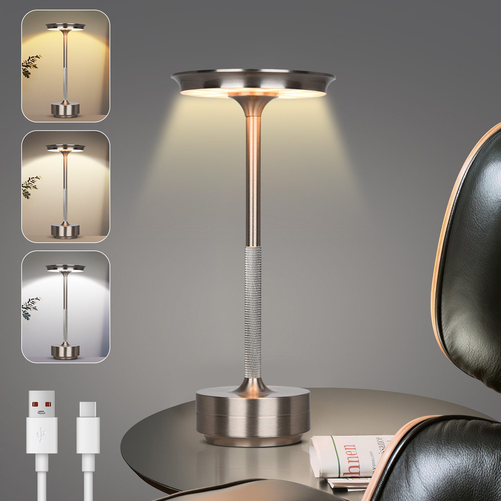 Lapalife LED Nachttischlampe LED Tischlampe Kabellos Akku, Dimmbar, 3 Farbtemperatur, LED fest integriert, Silber Tischleuchte USB Aufladbar für Nachttisch Esstisch Schreibtisch