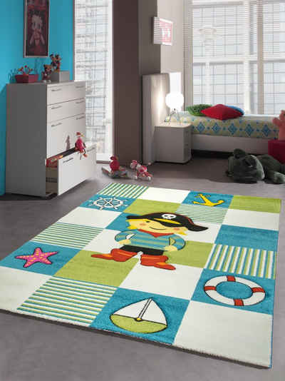 Kinderteppich Kinderteppich Spielteppich Kinderzimmerteppich Pirat in türkis grün creme, Teppich-Traum, Quadrat, Höhe: 13 mm