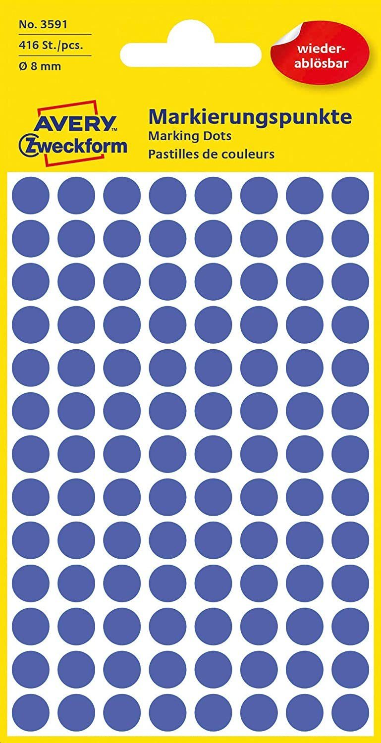Avery Zweckform Etiketten AVERY Zweckform 3591, 416x Markierungspunkte, ablösbar, 8 mm, blau