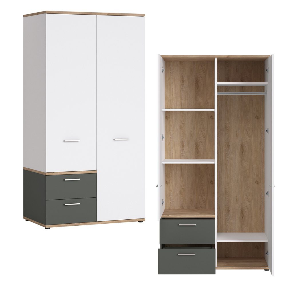 Lomadox Jugendzimmer-Set TOMAR-129, grau mit Bett und Eiche Set und Komplett Schreibtisch, mit (Sparset, weiß 5-tlg), 120cm