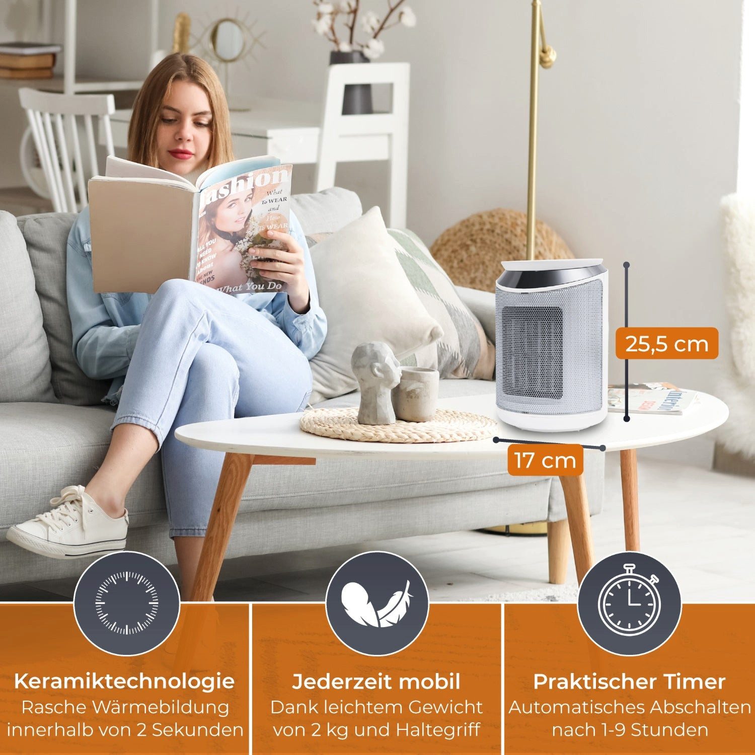 KLAMER Heizlüfter 2000 W, PTC Keramik Heizlüfter energiesparend, 3 Heizstufen inkl. Eco…, 9 Std Timer, Kippschutz, Thermosicherung, Überhitzungsschutz
