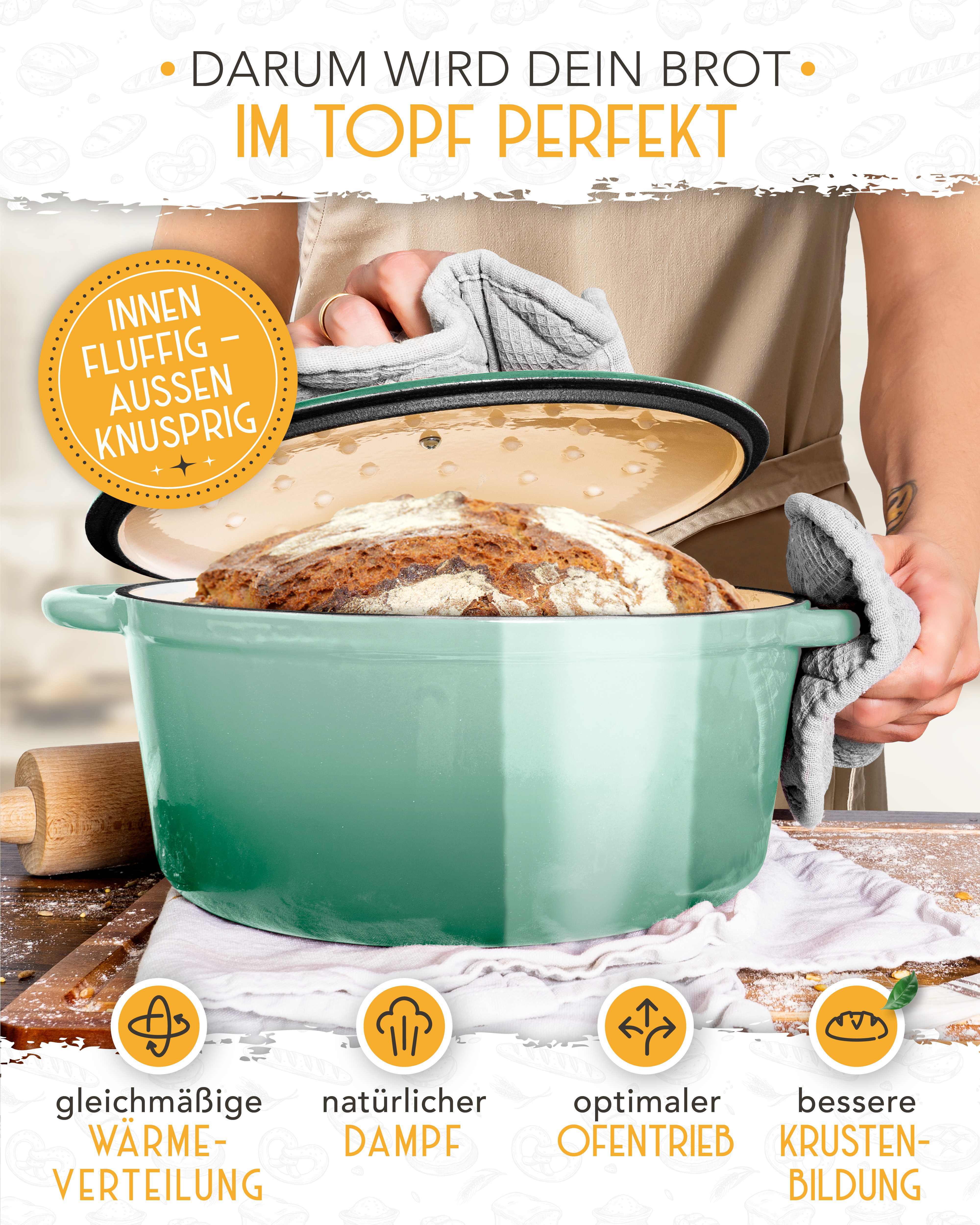 Krustenzauber Kasserolle Gusseisen Topf als Kochtopf, Schmortopf oder Brotbackform – Bild 5 von 5