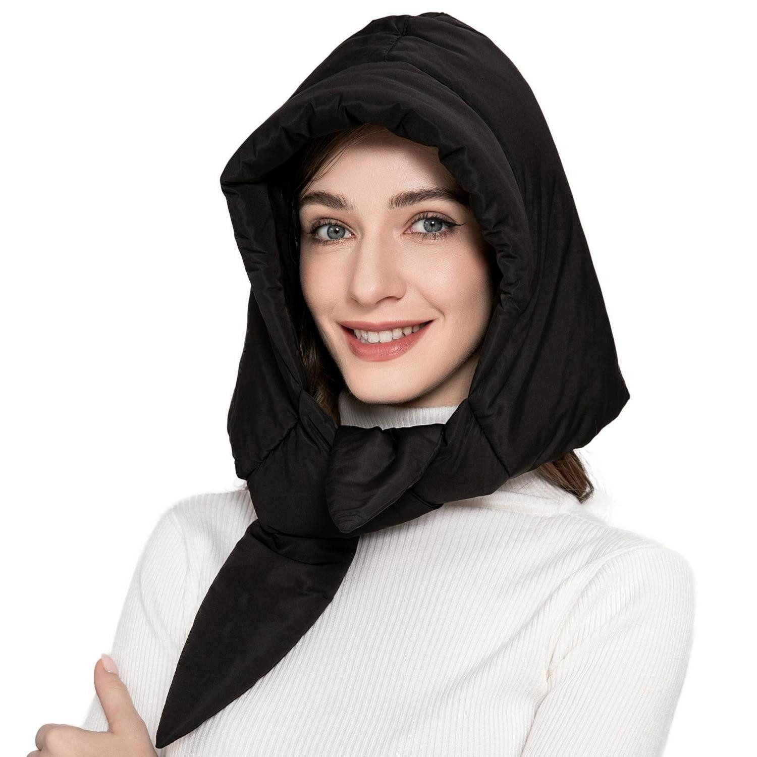 LuxusKollektion Sturmhaube Sturmhaube Damen Daunen Beanie Schwarz Einfarbig (1-St)