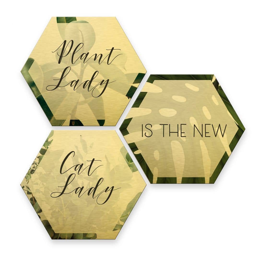 K&L Wall Art Alu-Dibond-Druck Metalloptik Poster Dschungel Gold Plantlady Catlady Pflanzen 3er Set, Aluminium Wandbild modern