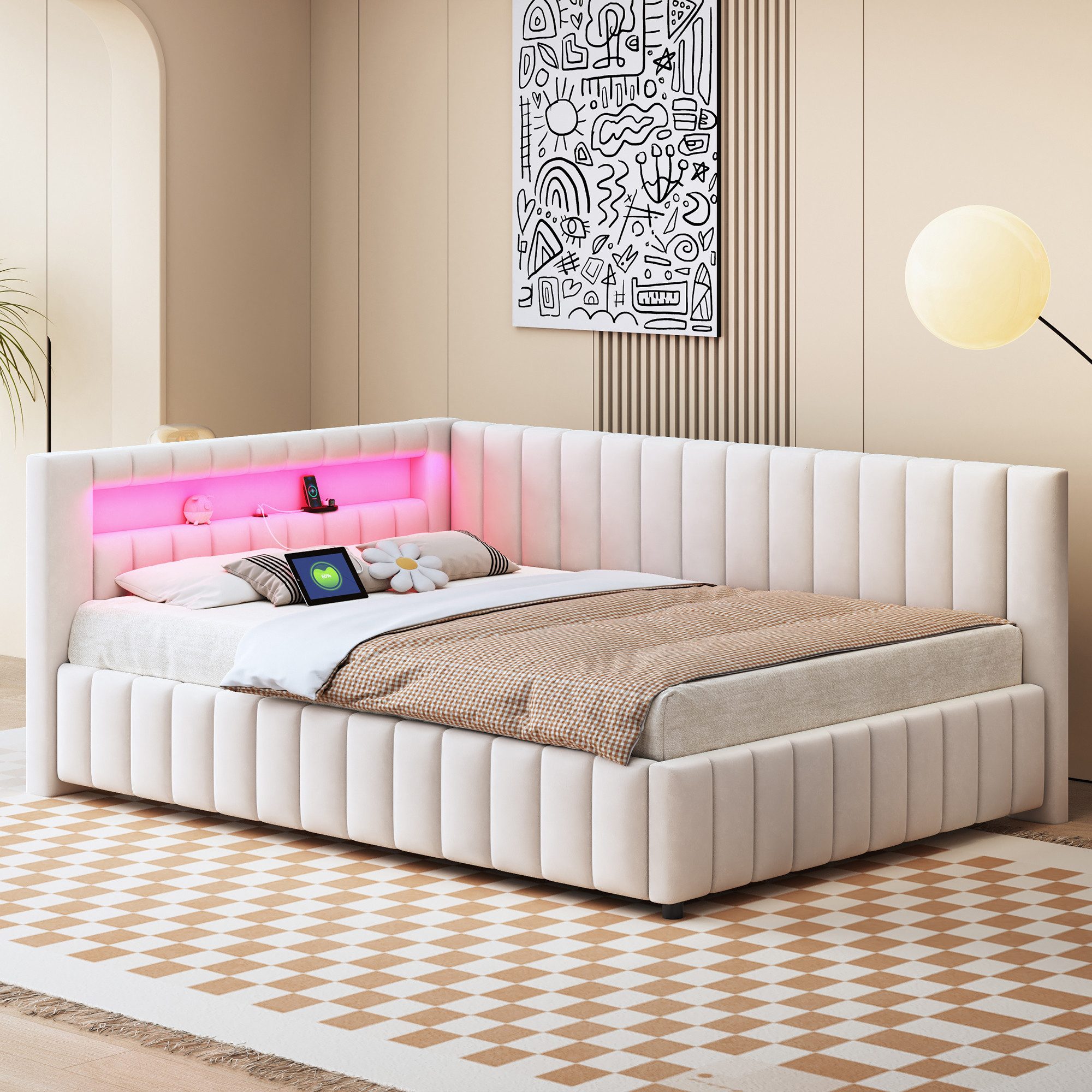 Flieks Daybett, Polsterbett Schlafsofa 140x200cm mit LED Beleuchtung USB-Ladeanschluss