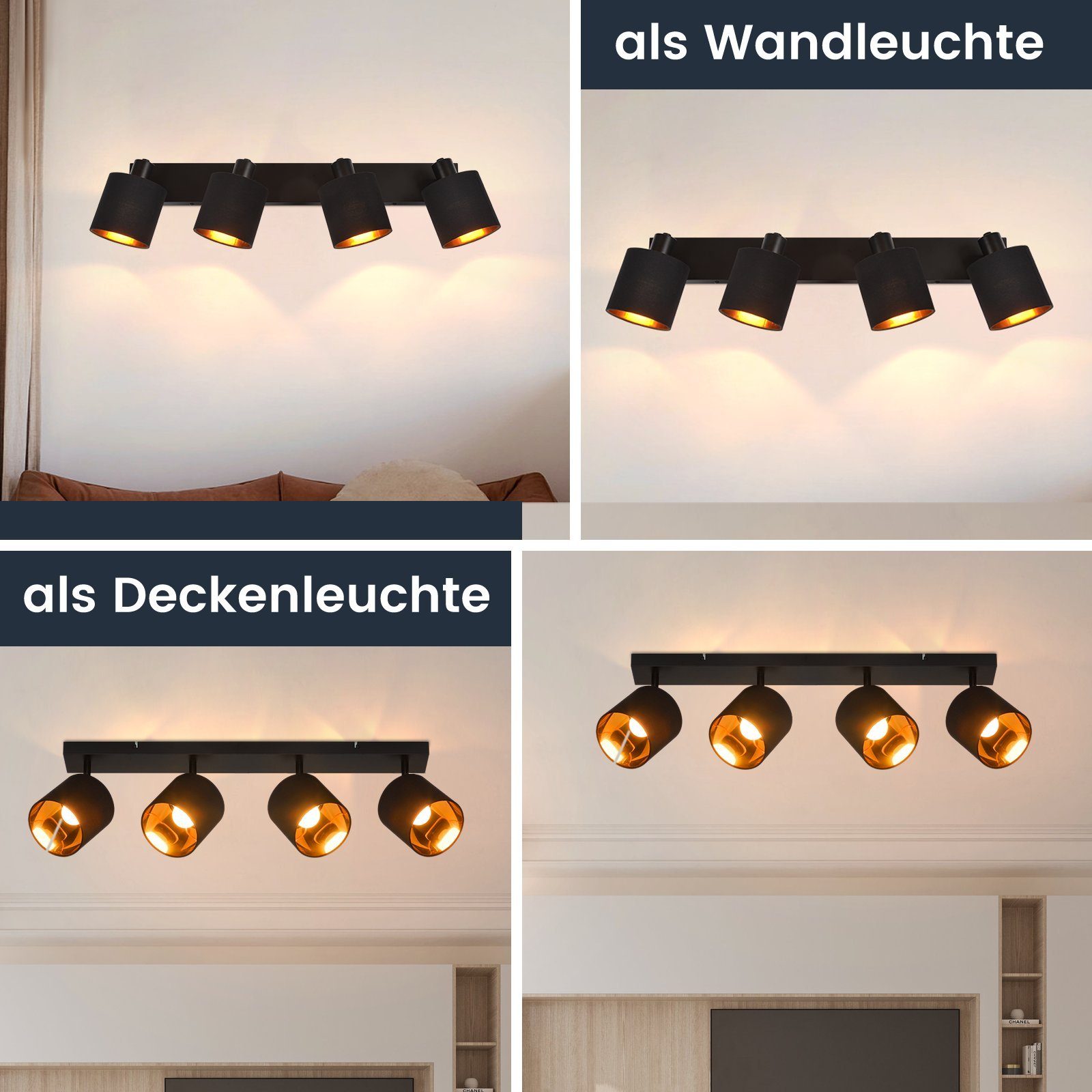 ZMH Deckenleuchte Deckenstrahler 4 Flammig Modern E14 Schwenkbar 350°, ohne Leuchtmittel, MAX.25W Stoffschrim für Schlafzimmer Flur