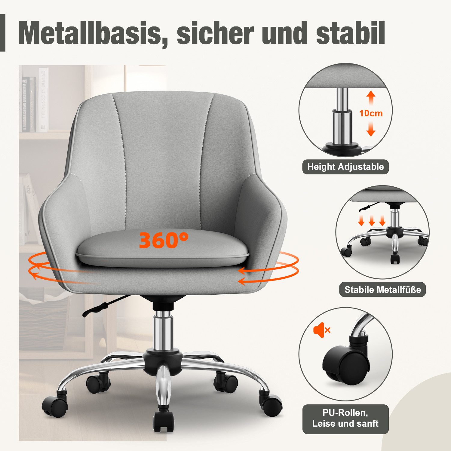 Adormii Bürostuhl Homeoffice Stuhl,Schminkstuhl mit Armlehnen,Drehstuhl mit Rrollen (Samt Stuhl,höhenverstellbar,für Schminktisch,Arbeitszimmer, Schlafzimmer,15 – Bild 4 von 5