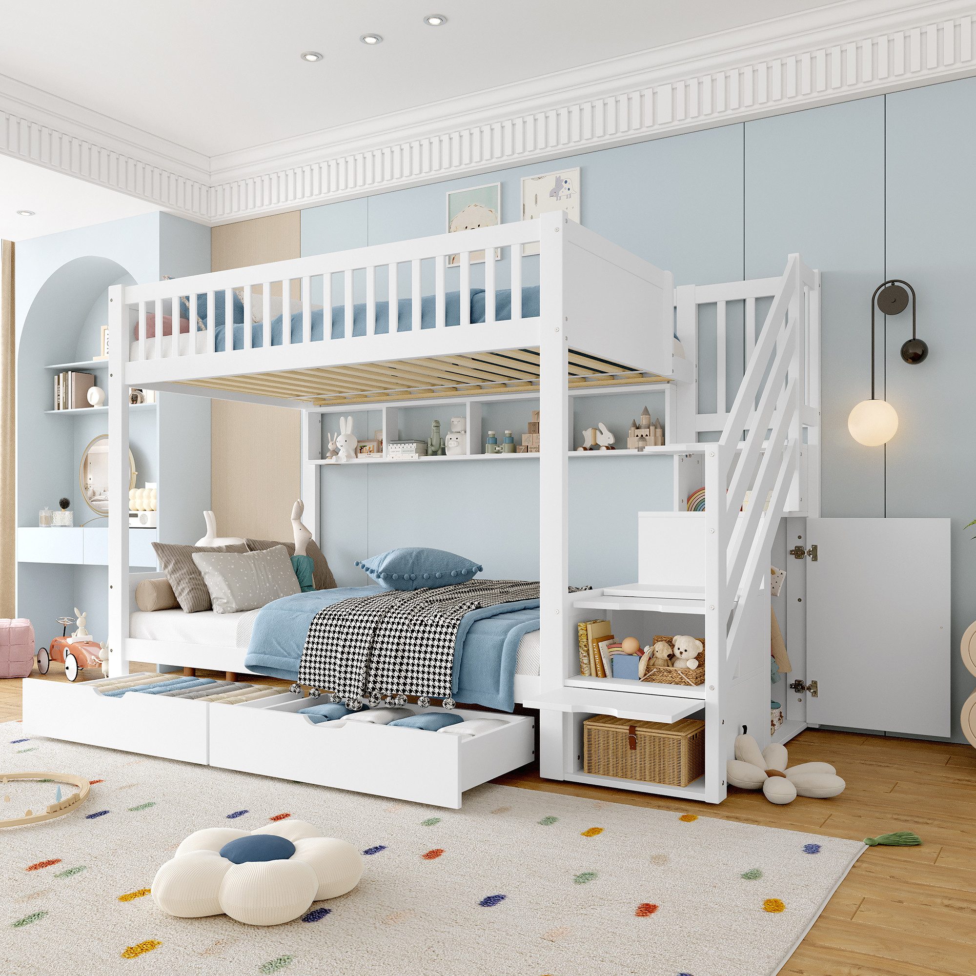 Flieks Etagenbett, Kinderbett 90x200cm mit 2 Schubladen Stauraumtreppe mit günstig online kaufen