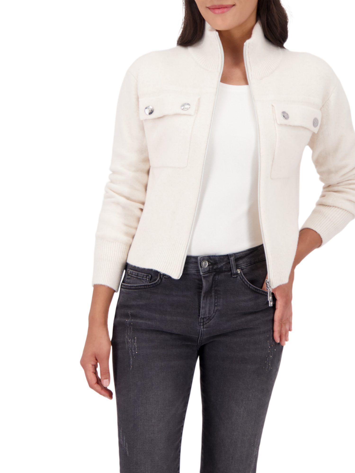 Monari Strickjacke weiß,Casual,Polyester,Unifarben,Stehkragen,Lang,Regular Fit