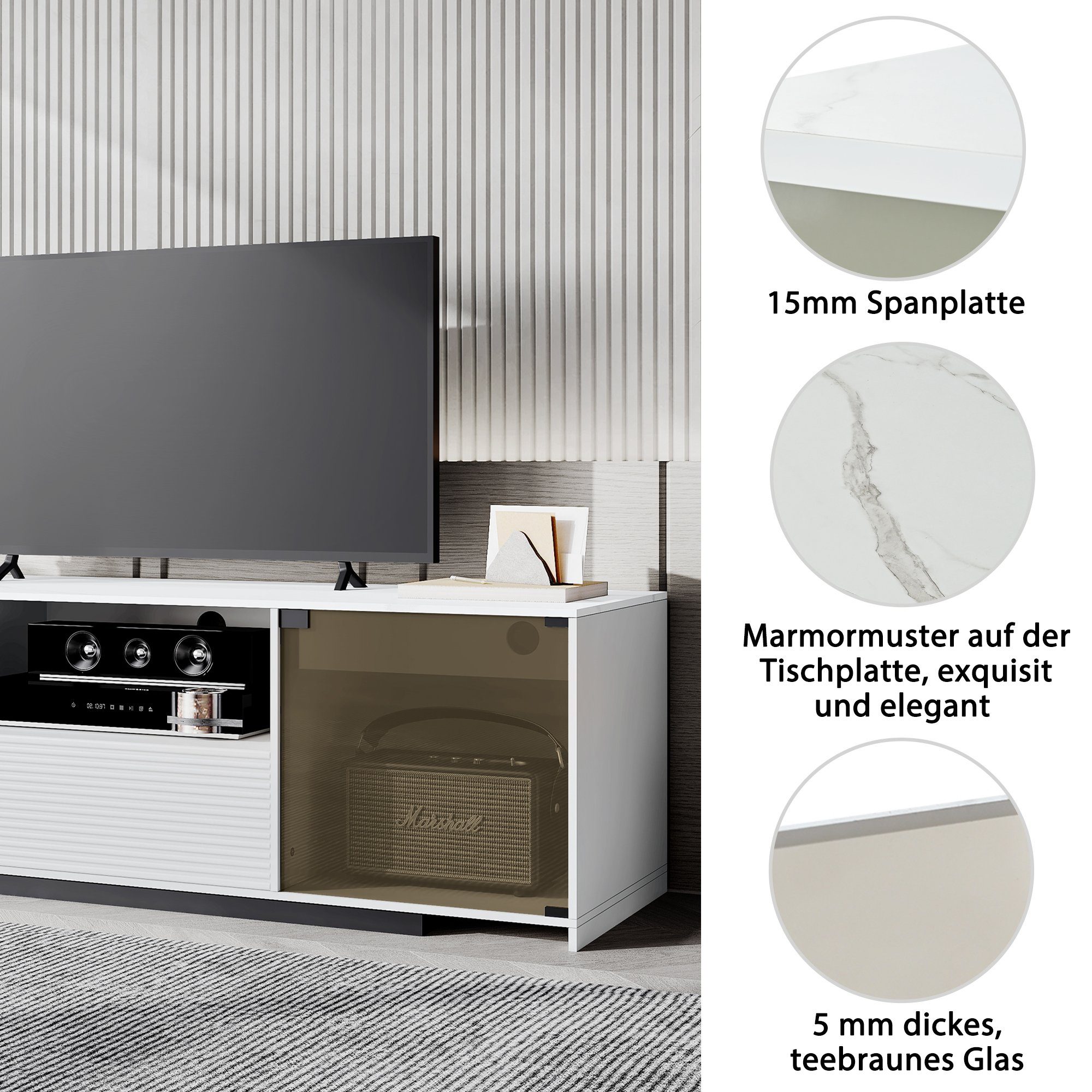 Glasdesign) TV-Ständer L WISHDOR und 1 Tischplatte einen (für marmorgeäderter 1 elegantem Schublade und 60-Zoll-Fernseher, offenem mit Mit Türen, TV-Schrank ED-Beleuchtung 2 Fach