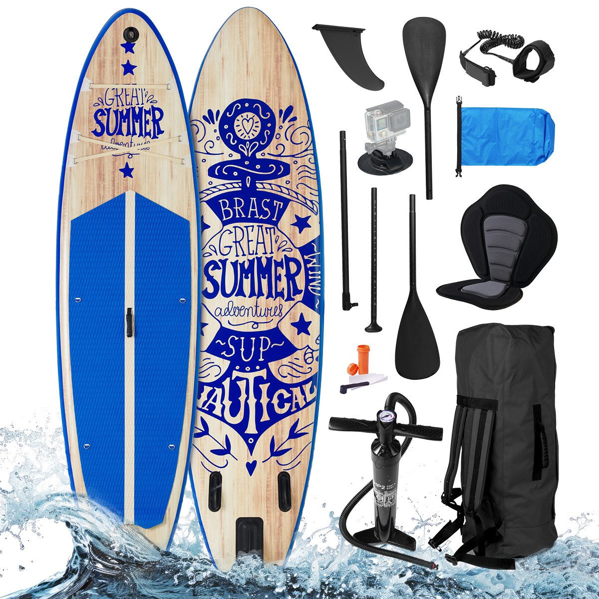 BRAST SUP-Board Summer Aufblasbares Stand up Paddle Set - 320x81x15cm, 5 Jahre Garantie inkl. Sonderzubehör, (2in1 Paddel Kajak-Sitz Action-Cam-Halterung), Fußschlaufe Paddel Pumpe Rucksack