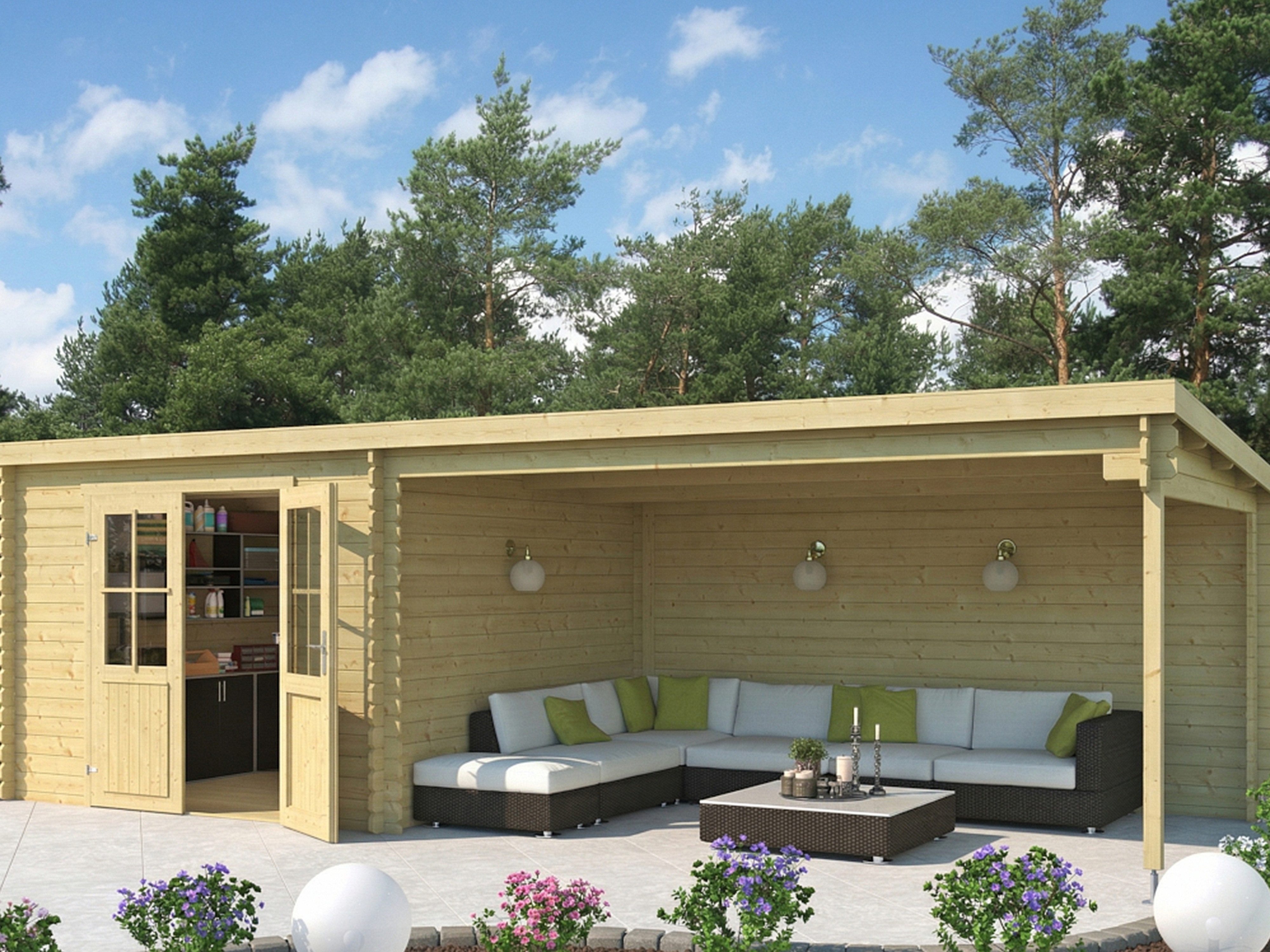 LASITA MAJA Gartenhaus Gartenhaus Blockbohlenhaus St. Louis Exklusiv 28 mm mit 4 m Anbau, BxT: 695x309 cm, Anbaudach, 28 mm Wandstärke, Einzeltür mit Echtglas-Einsätzen