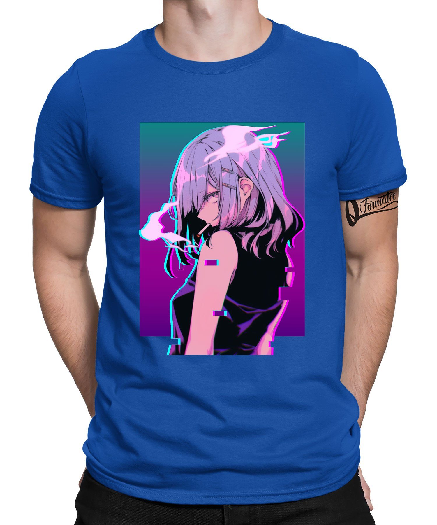 Japan T-Shirt Japanese Quattro - Formatee Ästhetik Girl Anime Vaporwave Herren (1-tlg) Blau Kurzarmshirt