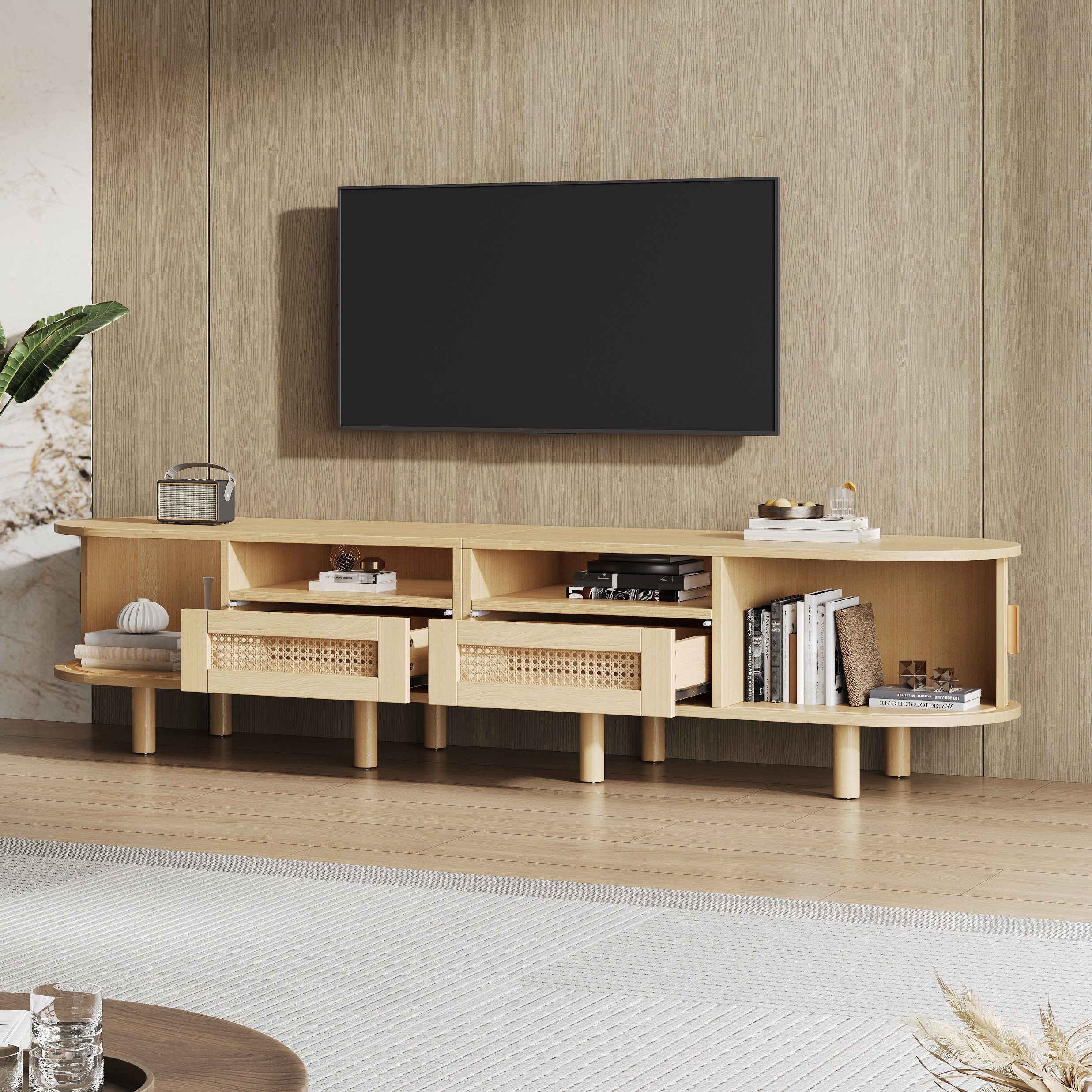 HAUSS SPOLE TV-Schrank mit Schiebetür,Lowboard TV-Regal mit Rattanschubladen,Holzfarbe (TV-Board und TV-Kommode, mit 2 Rattan Design Schubladen,2 Schiebetür) Fernsehtisch bis zu 70 Zoll
