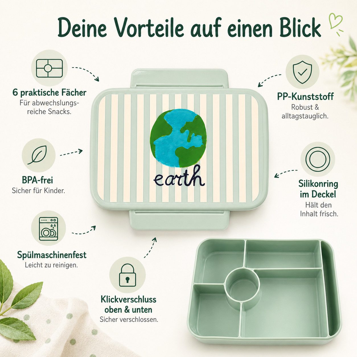 rice Lunchbox RICE Lunchbox Earth Print 6 Fächer Brotdose PP-Kunststoff BPA-frei, Kunststoff, (1-tlg)