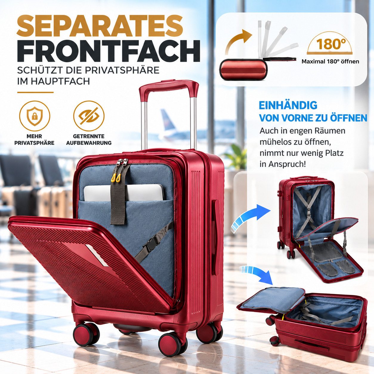 Super Solu Handgepäck-Trolley Hartschalenkoffer 55cm PC erweiterbar mit Frontöffnung & Laptopfach, 4 Rollen, Reisekoffer mit TSA-Schloss & 4 x 360° Doppelrollen – Bild 5 von 5