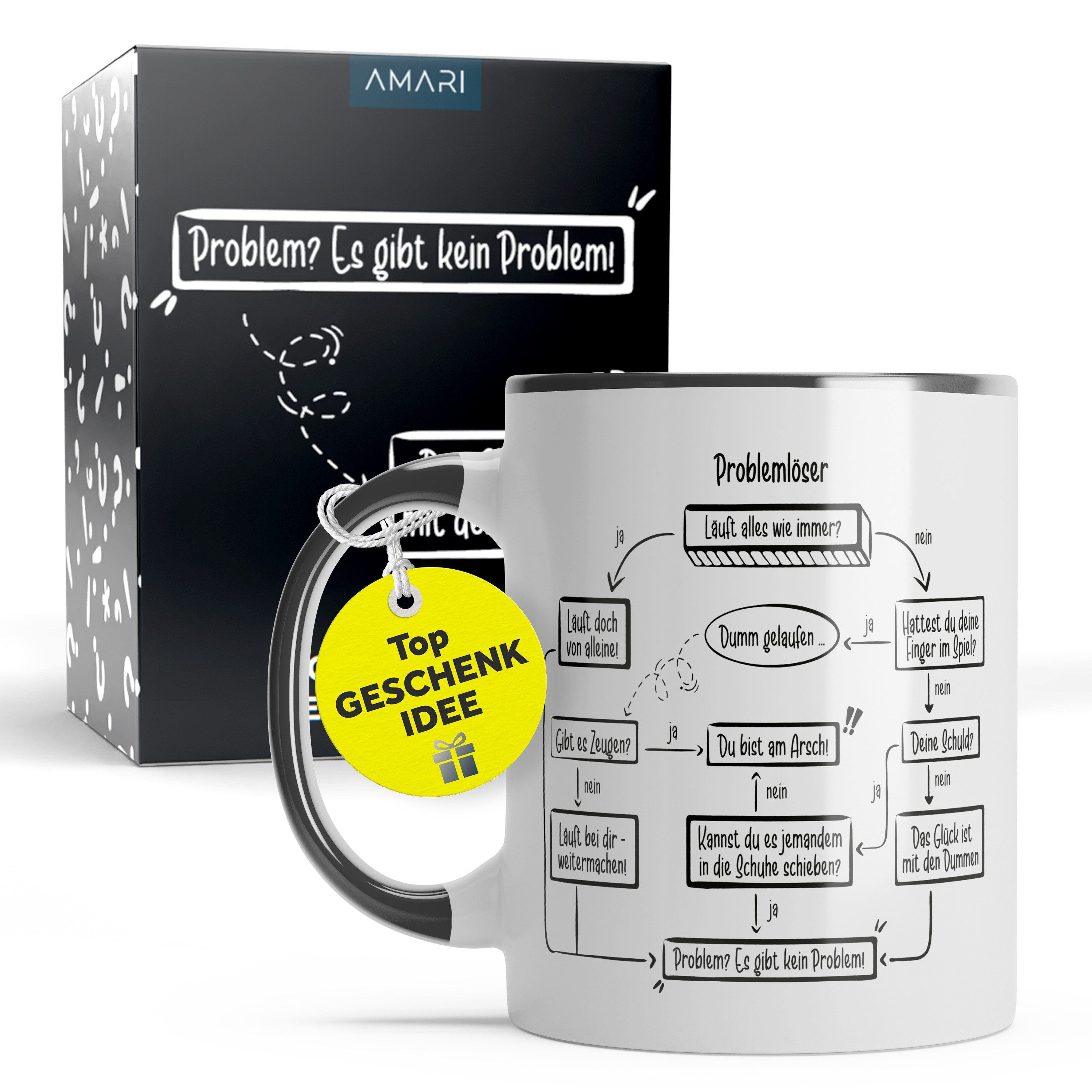 Amari Tasse Problemlöser Spruch, lustige Geschenkidee Kollege Kollegin Chef Nr.20, Kaffeetasse Teetasse Bürotasse 330 ml Geschenkbox Geburtstag