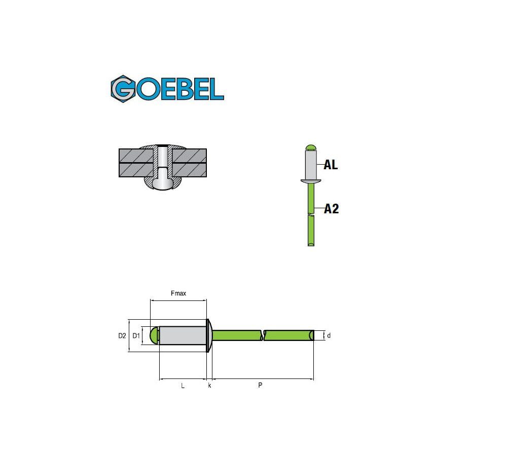 GOEBEL GmbH Blindniete mm, / 7020132600, - Niete (1000x Flachkopf - Popniete), Edelstahl Aluminium STANDARD 6,0 A2 - / St., x 3,2 1000 Blindniete V2A