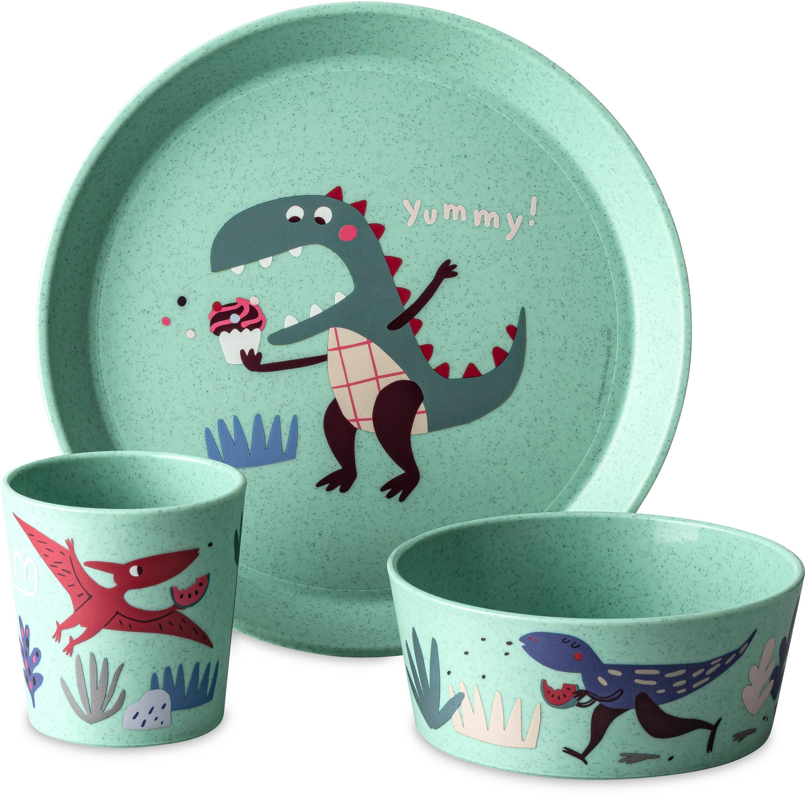 KOZIOL Kindergeschirr-Set Kleiner Teller + Schale + Becher CONNECT REX (3-tlg), 1 Personen, Kunststoff, in Deutschland produziert
