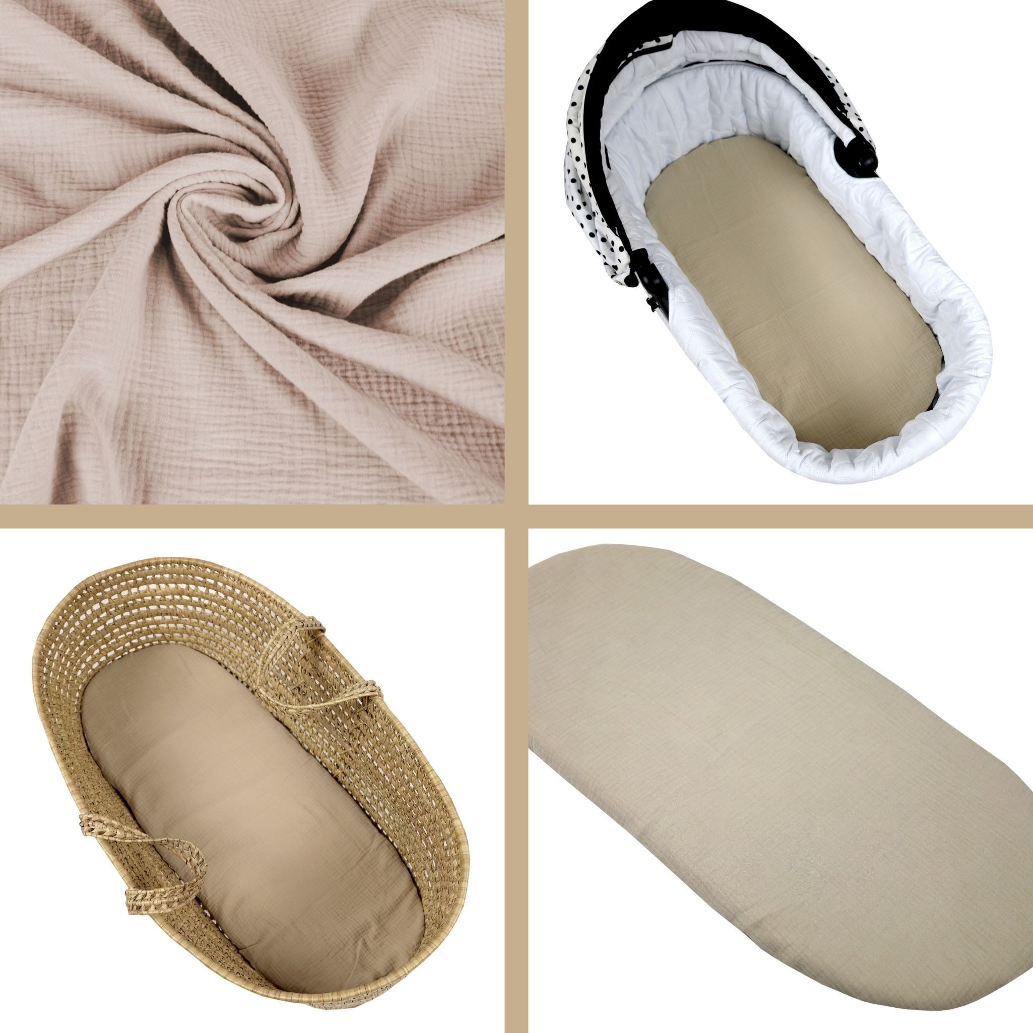 BabyLux Spannbettlaken Musselin Set – 3er Pack 40x80 cm für Kinderwagen Stubenwagen Babybett, Gummizug: ja, z11 Weiß-Sand-Bär