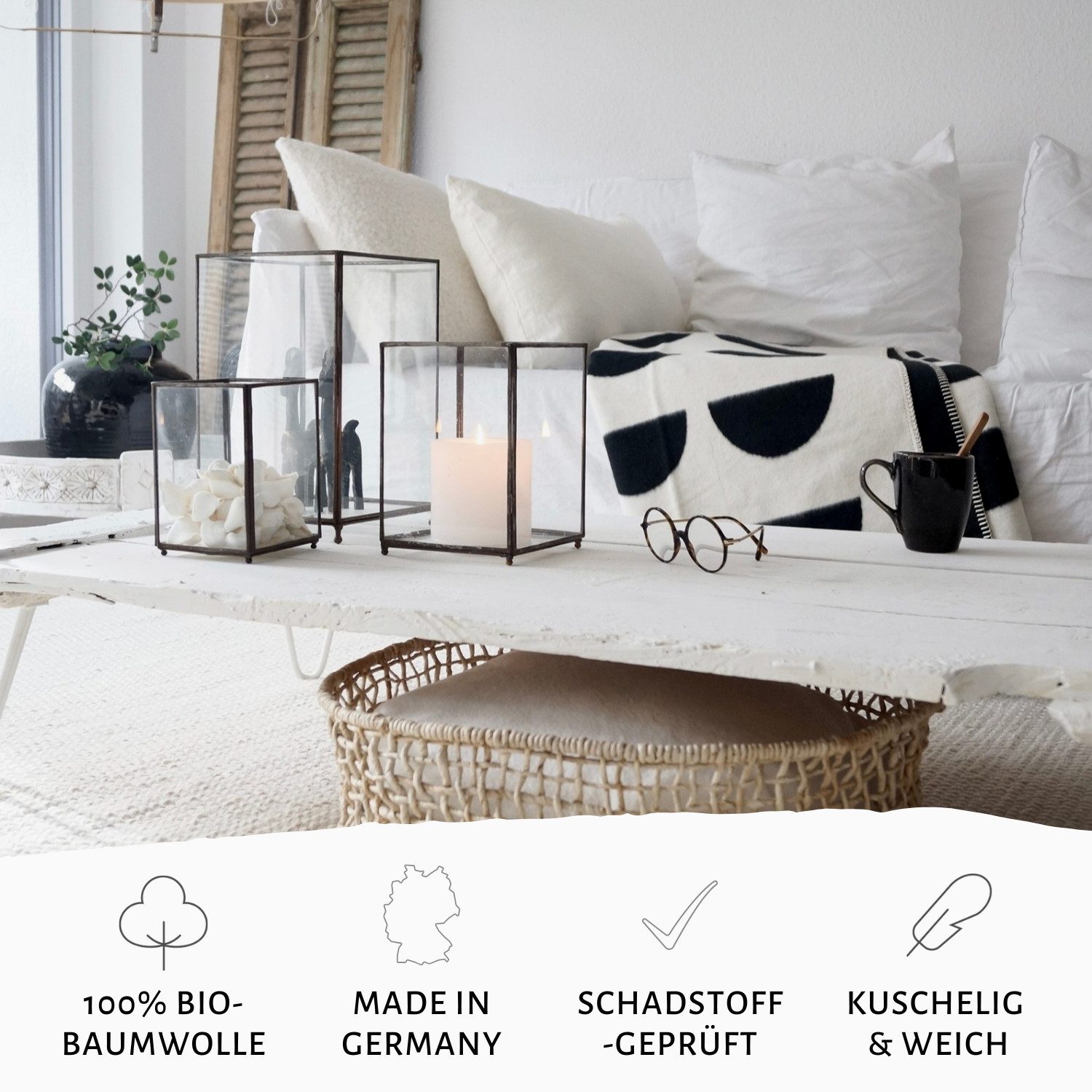 Wolldecke Premium Sofadecke JORIS aus 100% Bio-Baumwolle in 150x200cm, RIEMA Germany, weiche Kuscheldecke im Skandi-Stil, Made in Germany OEKO-TEX