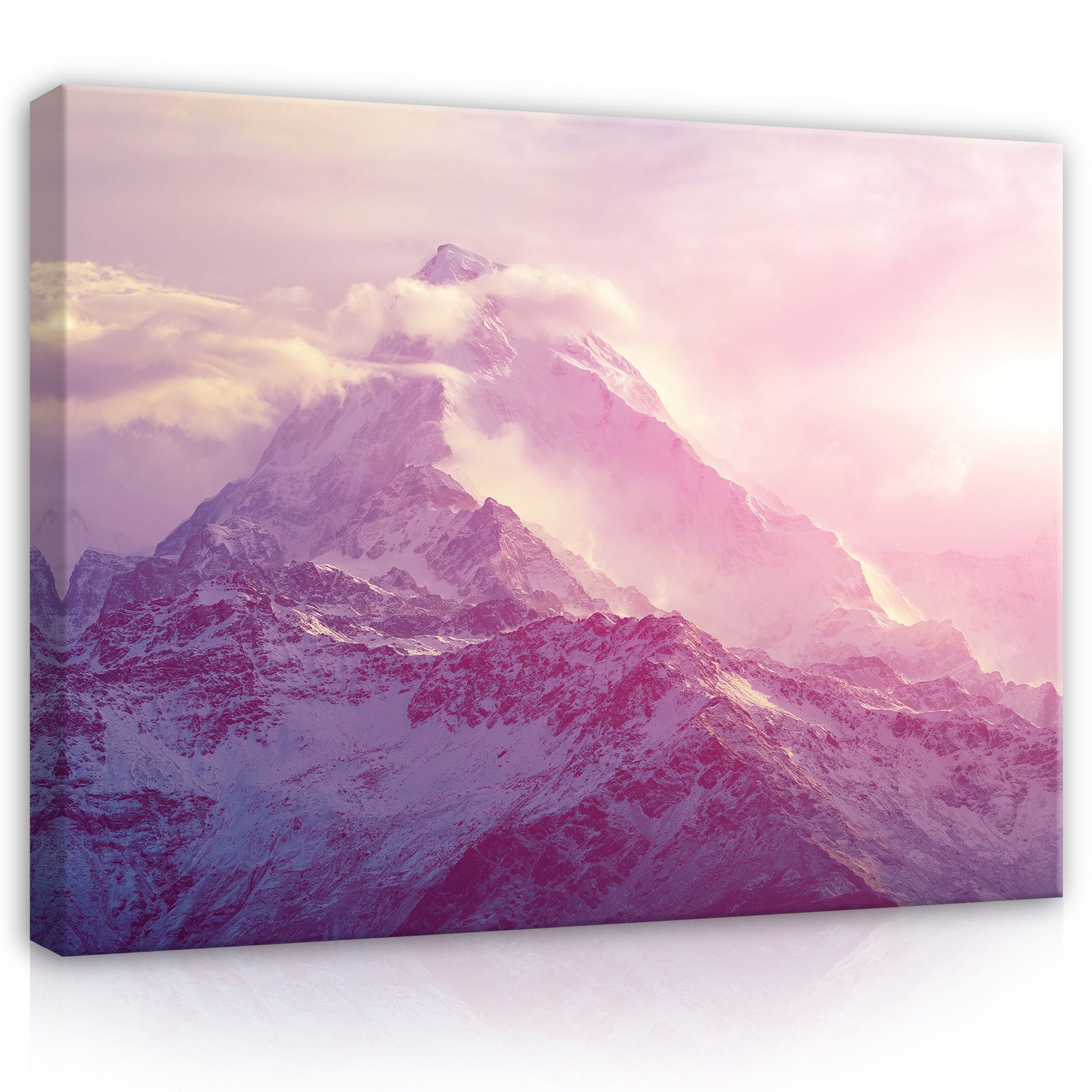 Wallarena Leinwandbild Berge Natur Rosa Leinwandbilder Landschaft Modern, Wandbild (Einteilig), Wolken Aufhängefertig XXL Kunst