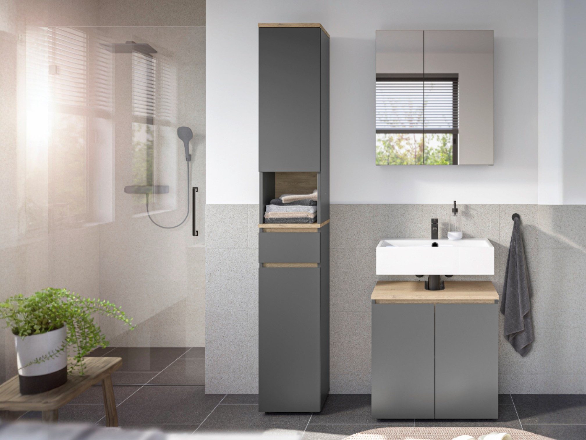 moebel-dich-auf Badmöbel-Set LONDRES, (Set 2, 3-St., Spiegelschrank, Wbu, Hochschrank), in kaschmir oder anthrazit, Absetzung: Cremona Eiche