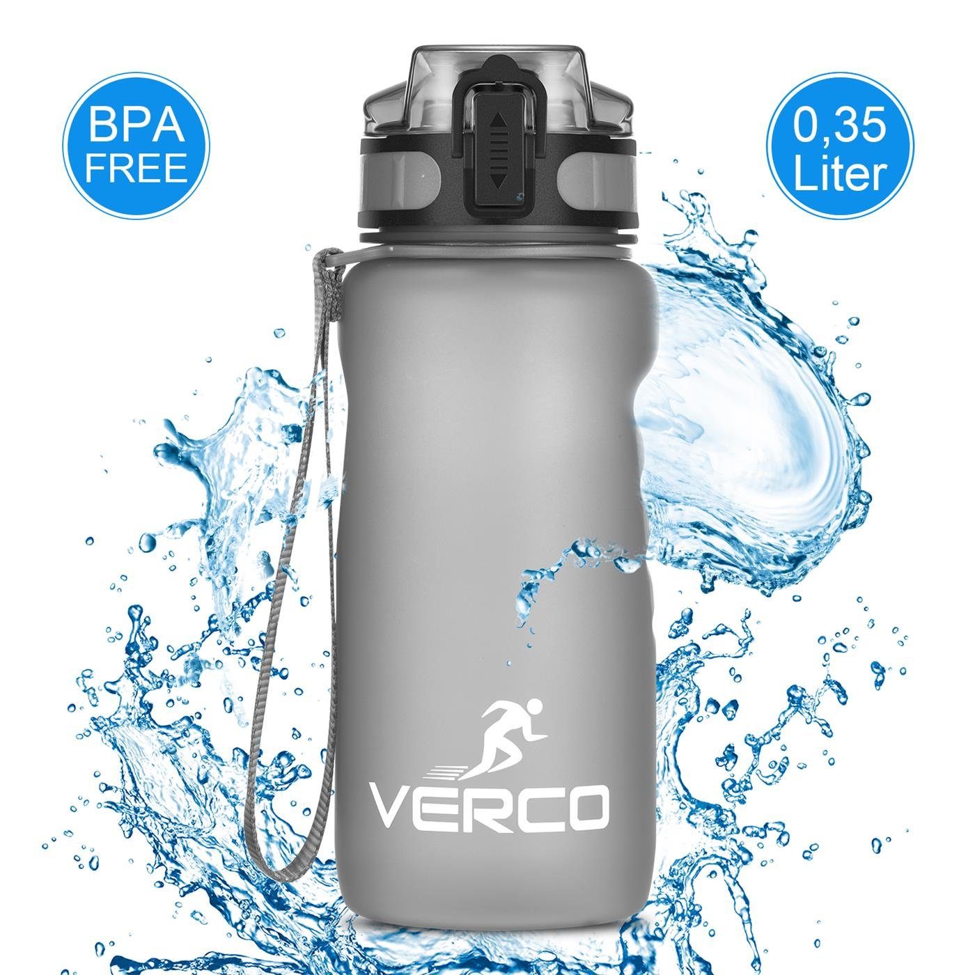 VERCO Trinkflasche 350 ml Sport Tritan 0,35 Liter Flasche, Wasserflasche BPA Frei mit Fruchtsieb wiederverwendbar nachhaltig Schwarz